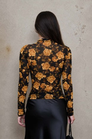 Floral Print Mock Neck Long Sleeve Mesh Top