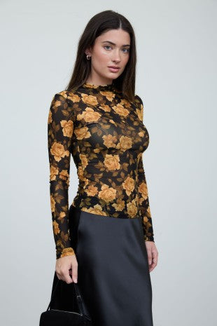 Floral Print Mock Neck Long Sleeve Mesh Top