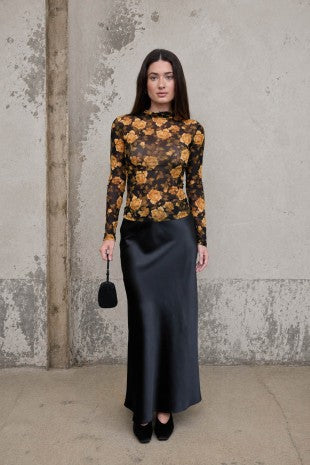 Floral Print Mock Neck Long Sleeve Mesh Top