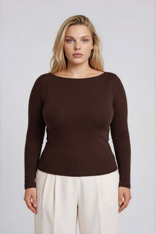 Boat Neck Long Sleeve Top (Brown | XL - XXL)