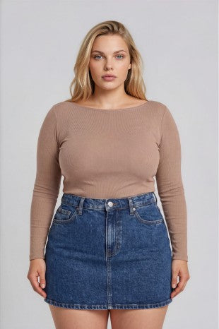 Boat Neck Long Sleeve Top (Mocha | XL - XXL)