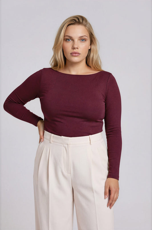 Boat Neck Long Sleeve Top (Maroon | XL - XXL)