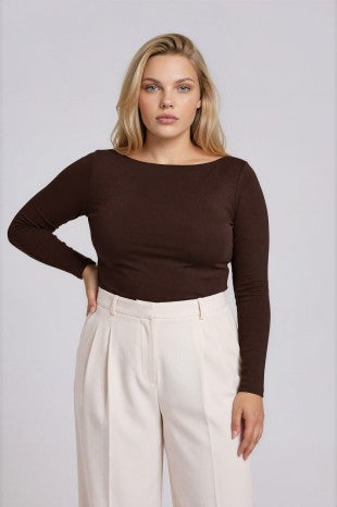 Boat Neck Long Sleeve Top (Brown | XL - XXL)