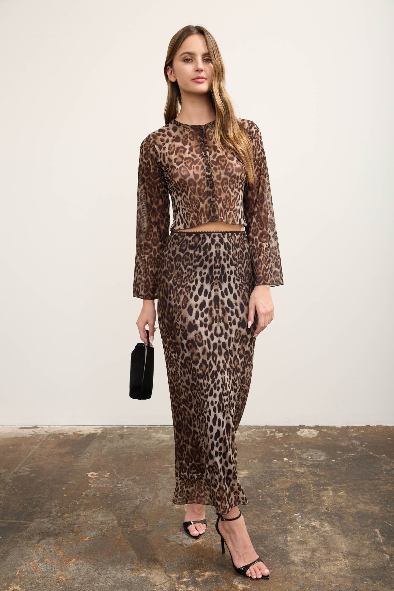 Leopard Print Sheer Mesh Button Up Cropped Top