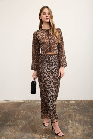 Leopard Print Mesh Pencil Midi Skirt