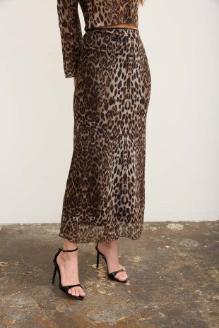 Leopard Print Mesh Pencil Midi Skirt