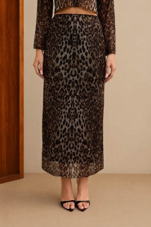 Leopard Print Mesh Pencil Midi Skirt