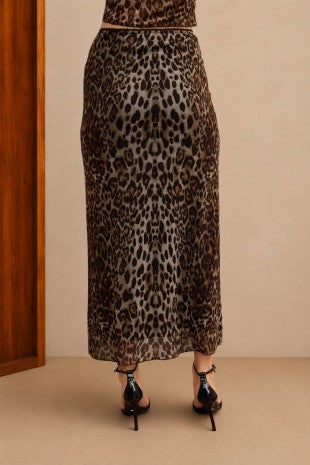 Leopard Print Mesh Pencil Midi Skirt
