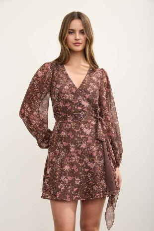 Floral & Paisley Print Long Sleeve Wrap Dress