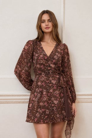 Floral & Paisley Print Long Sleeve Wrap Dress