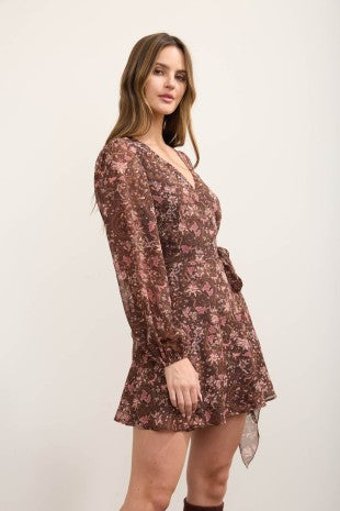 Floral & Paisley Print Long Sleeve Wrap Dress