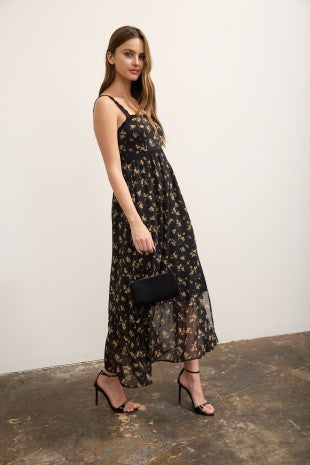 Glitter Pinstripe Floral Print Lace Trim Midi Dress
