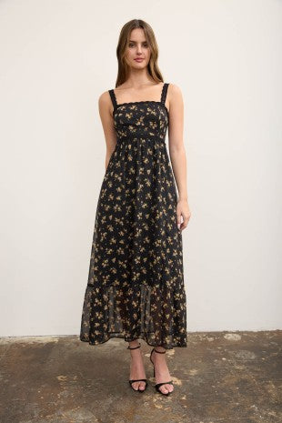 Glitter Pinstripe Floral Print Lace Trim Midi Dress