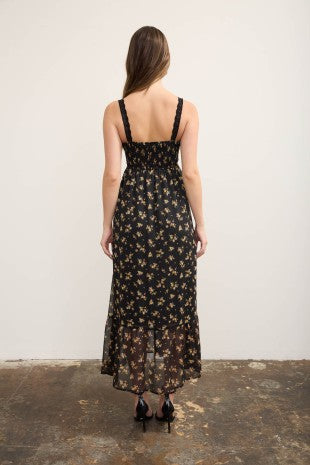 Glitter Pinstripe Floral Print Lace Trim Midi Dress