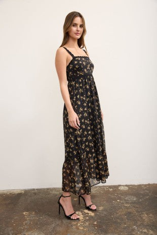 Glitter Pinstripe Floral Print Lace Trim Midi Dress