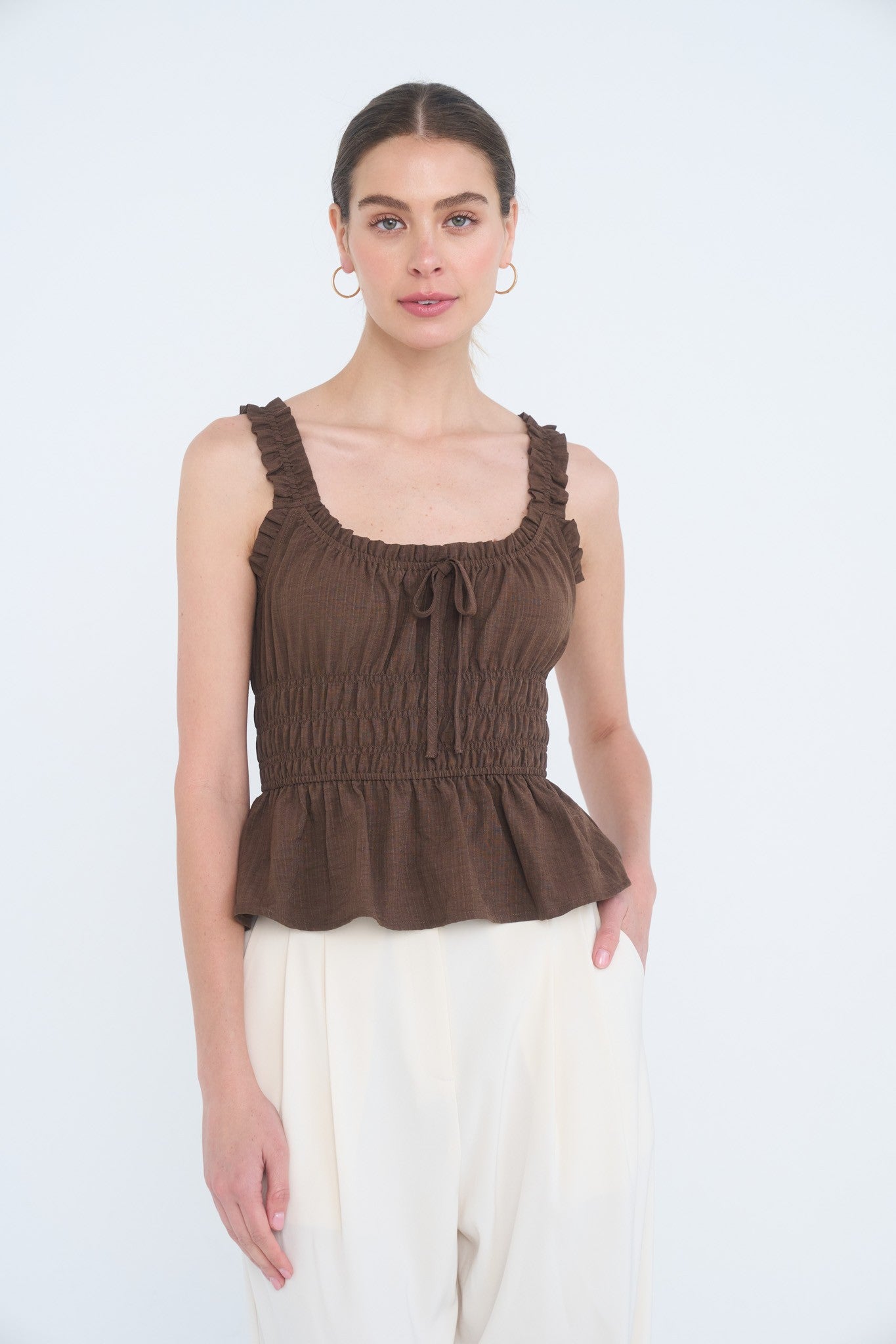 Ruffle Front Tie Shirred Waist Tank Top