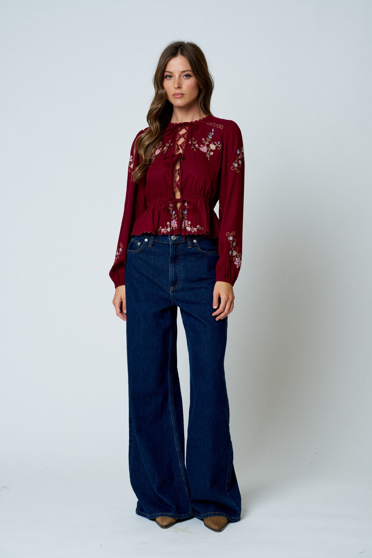 Floral Embroidery Crochet Detail Tie Front Top
