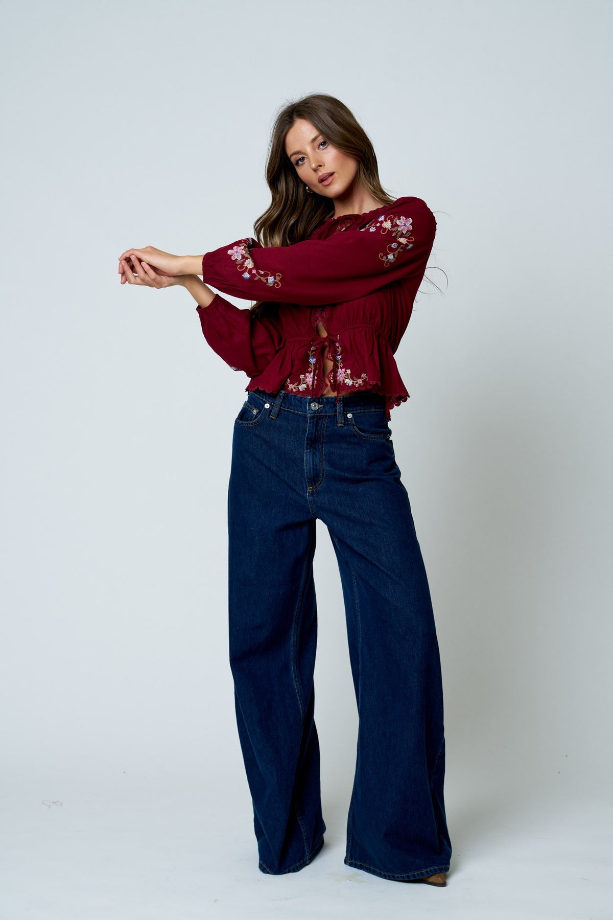 Floral Embroidery Crochet Detail Tie Front Top