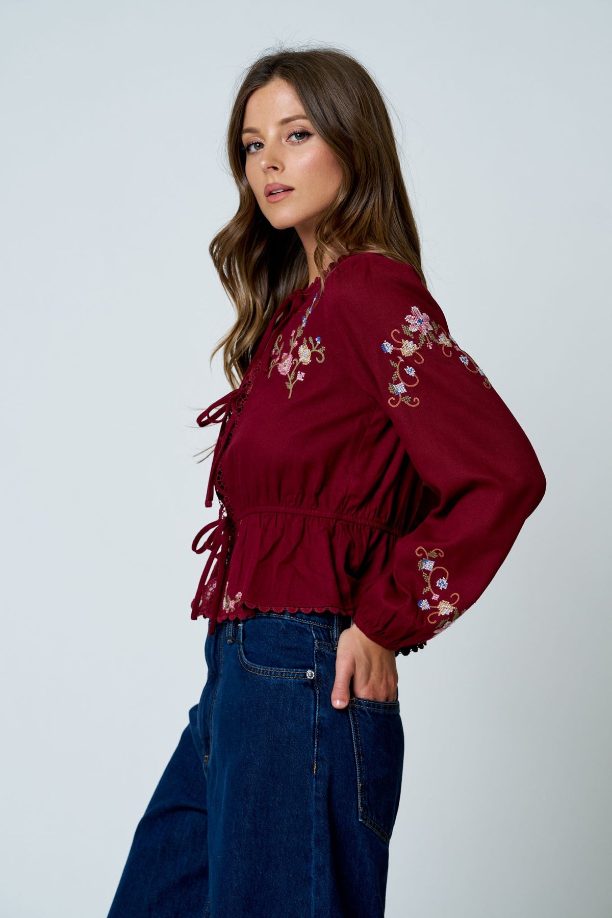 Floral Embroidery Crochet Detail Tie Front Top
