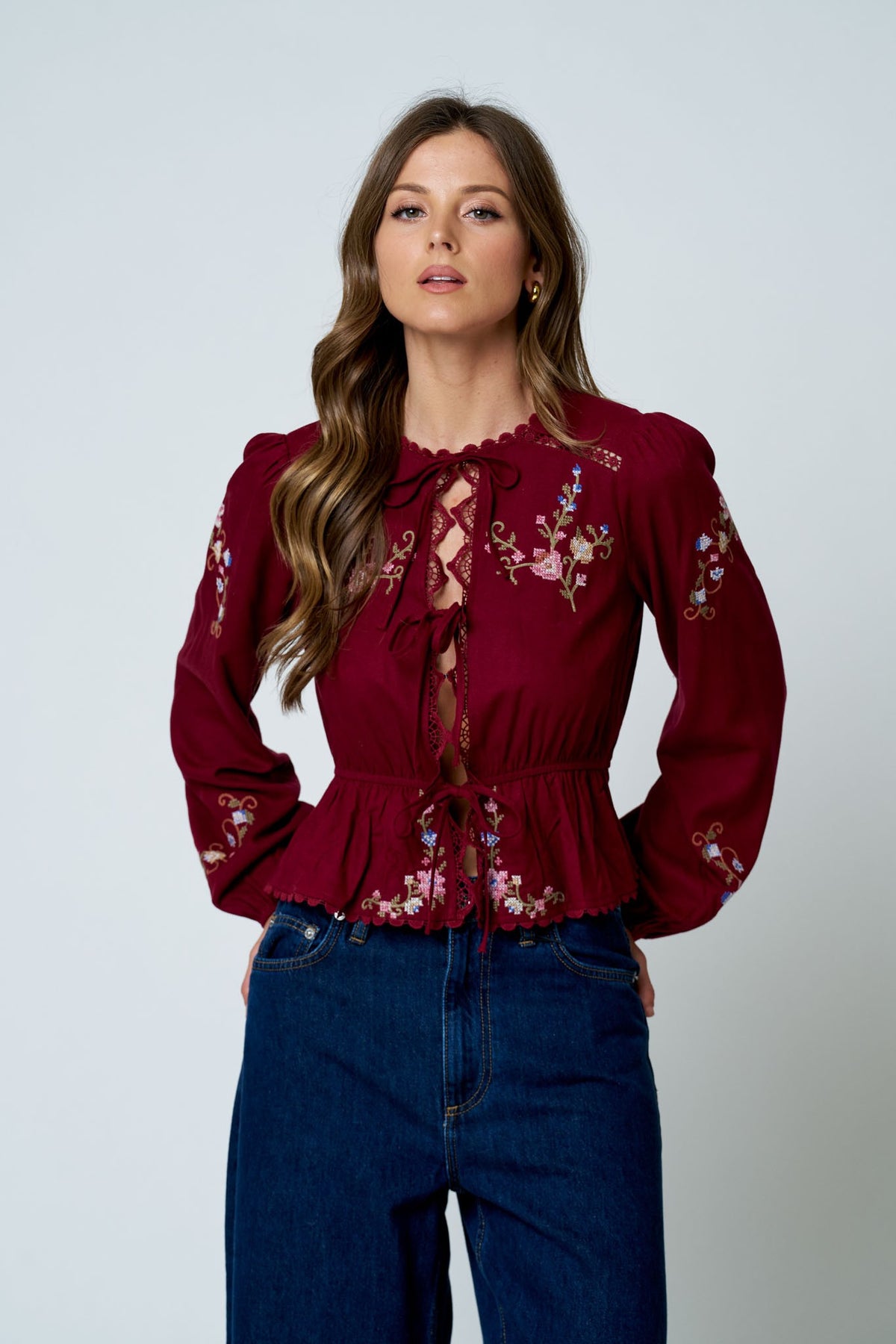 Floral Embroidery Crochet Detail Tie Front Top