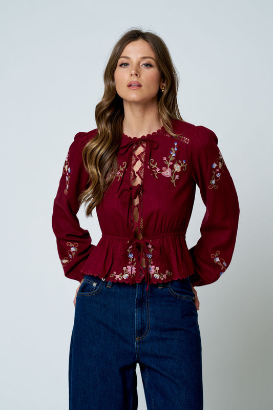 Floral Embroidery Crochet Detail Tie Front Top