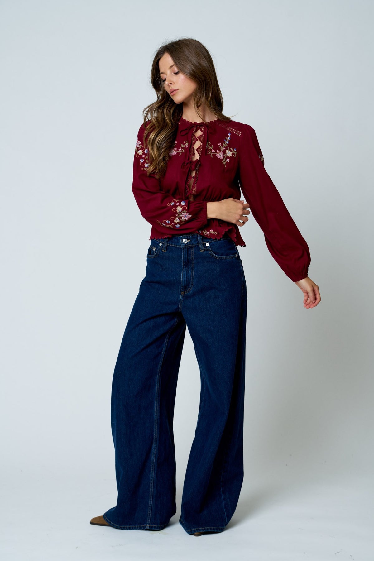 Floral Embroidery Crochet Detail Tie Front Top