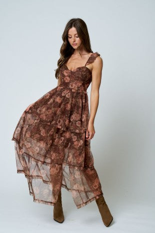 Floral Chiffon Ruffle Tiered Midi Dress