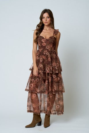 Floral Chiffon Ruffle Tiered Midi Dress