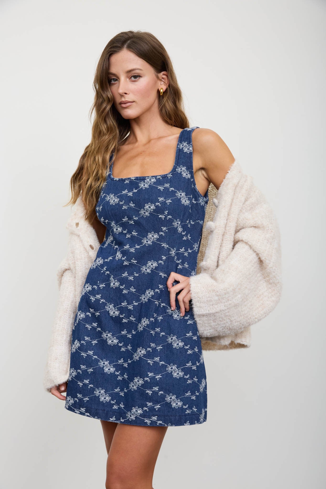 Floral Embroidery Denim Mini Dress