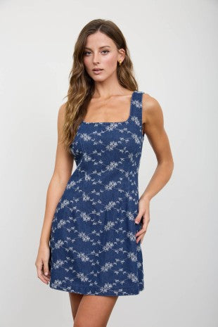 Floral Embroidery Denim Mini Dress