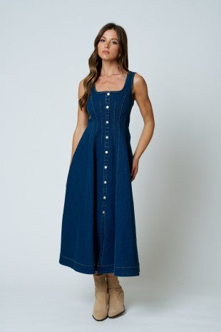 Sleeveless Seam Detail Denim Midi Dress