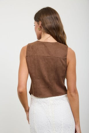 Faux Suede Horse Shoe Embroidery Tie Front Vest