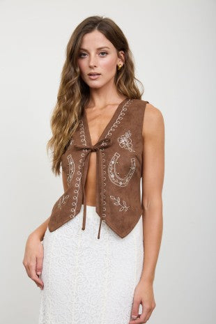 Faux Suede Horse Shoe Embroidery Tie Front Vest