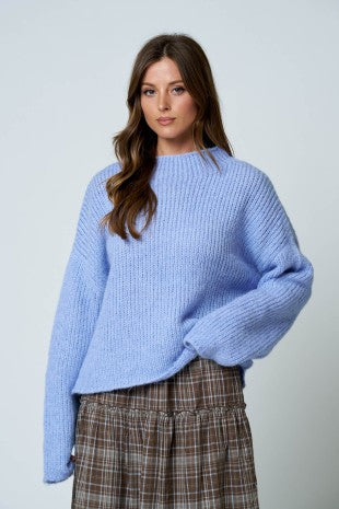 Mock Neck Boxy Oversized Sweater (Dusty Blue)