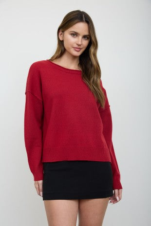 Boat Neck Raw Edge Pullover Sweater
