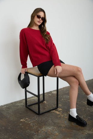 Boat Neck Raw Edge Pullover Sweater