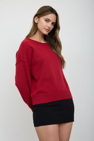 Boat Neck Raw Edge Pullover Sweater