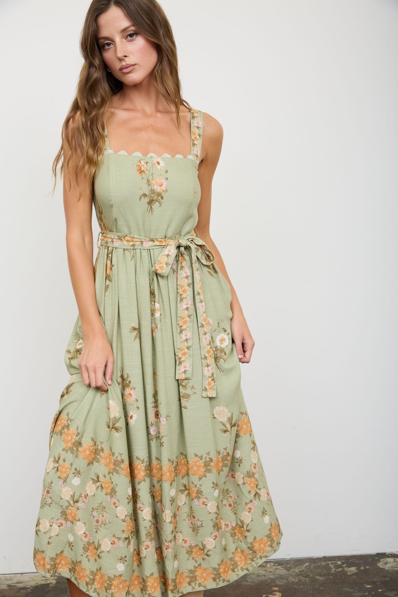 Floral Border Pattern Midi Dress (Olive)