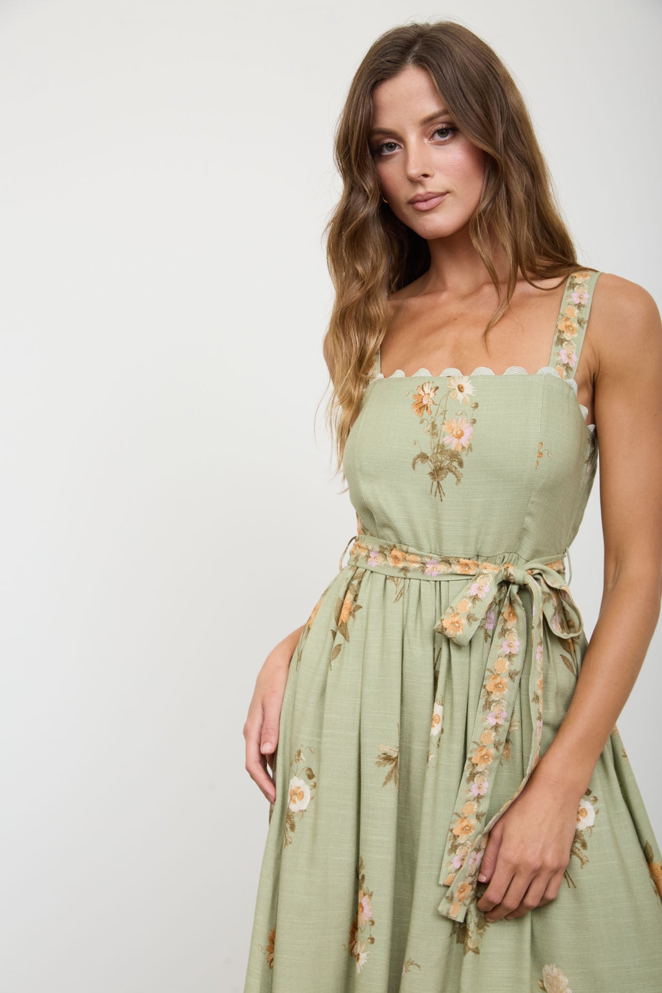 Floral Border Pattern Midi Dress (Olive)