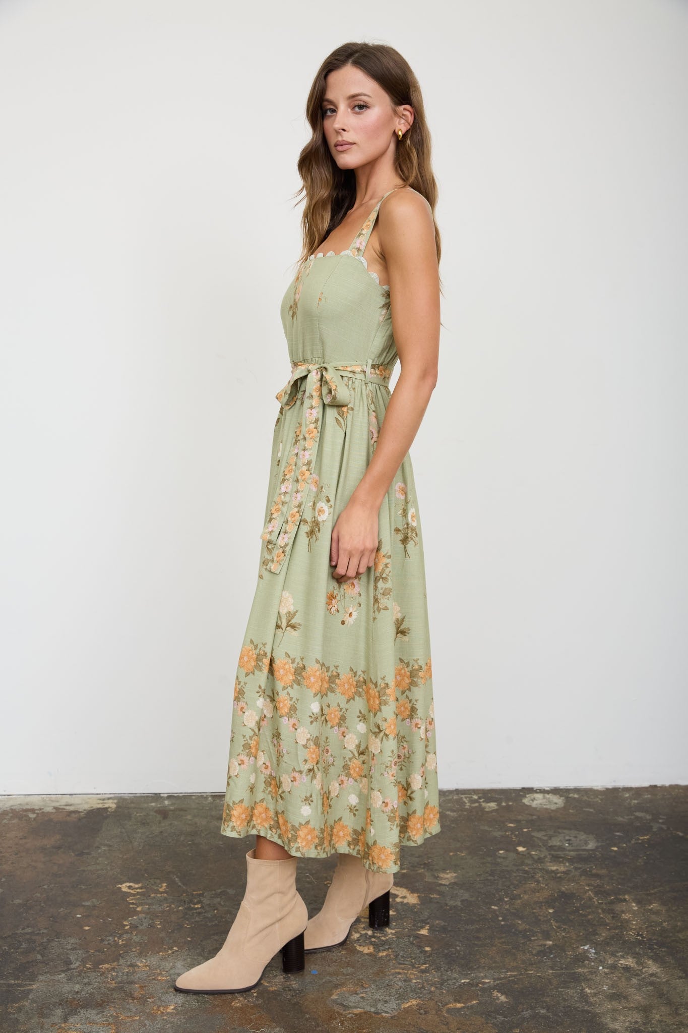 Floral Border Pattern Midi Dress (Olive)