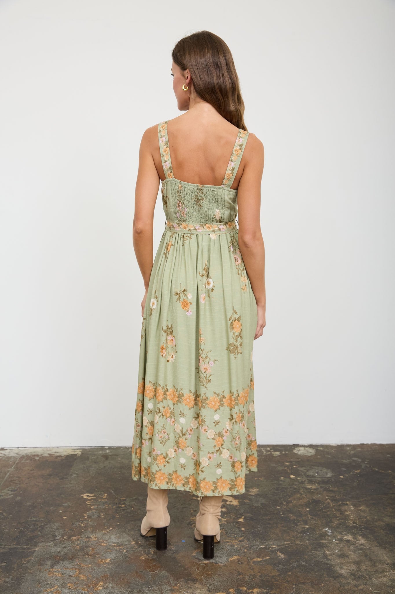 Floral Border Pattern Midi Dress (Olive)
