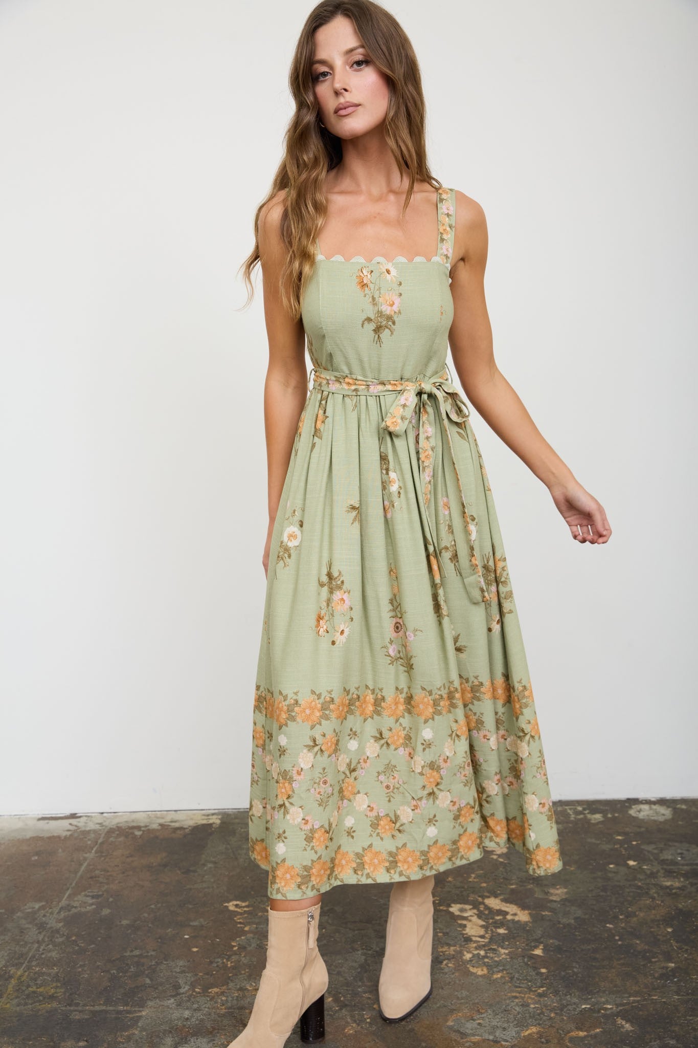 Floral Border Pattern Midi Dress (Olive)
