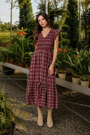 Plaid Smocked Top V-Neck Ruffle Cap Sleeve Midi Dress