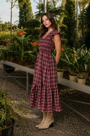 Plaid Smocked Top V-Neck Ruffle Cap Sleeve Midi Dress