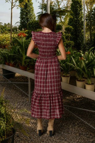 Plaid Smocked Top V-Neck Ruffle Cap Sleeve Midi Dress
