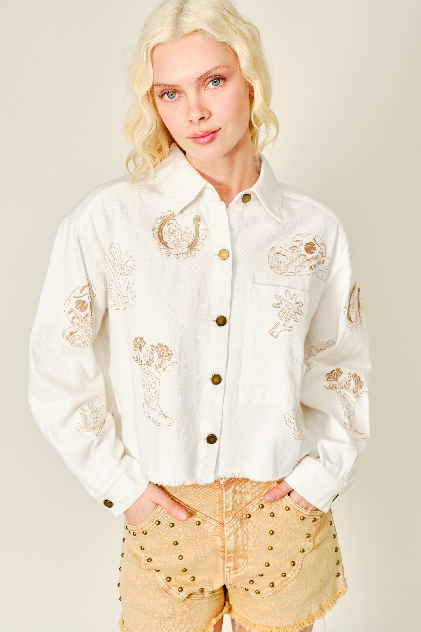 Western Print Cropped Denim Jacket