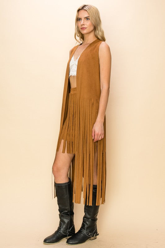 Long Fringe Sleeveless Suede Vest (Camel)
