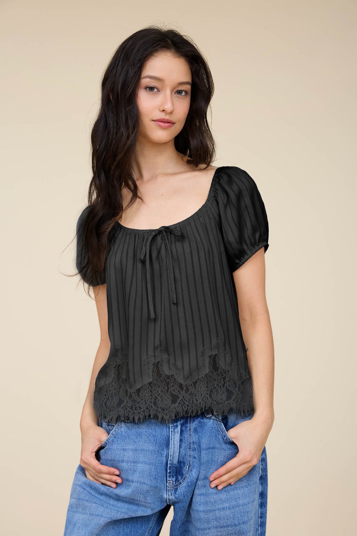 Pinstripe Front Tie Lace Hem Top