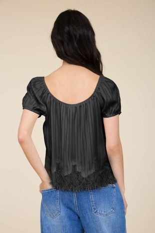 Pinstripe Front Tie Lace Hem Top