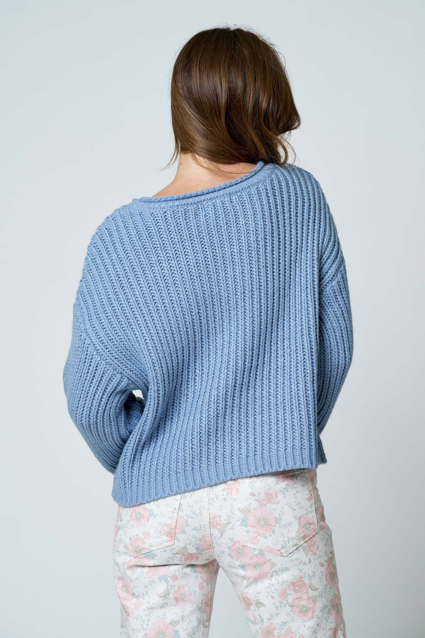 Rolled Raw Edge Long Sleeve Knit Sweater (Dusty Blue)